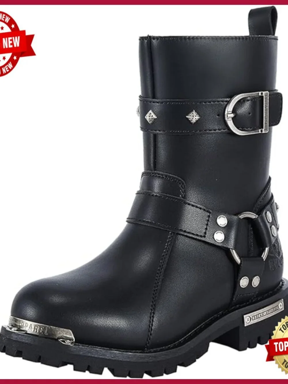 Women's PU Leather Motorcycle Boots Mid-Calf Combat Studded Side Zipper Buckle